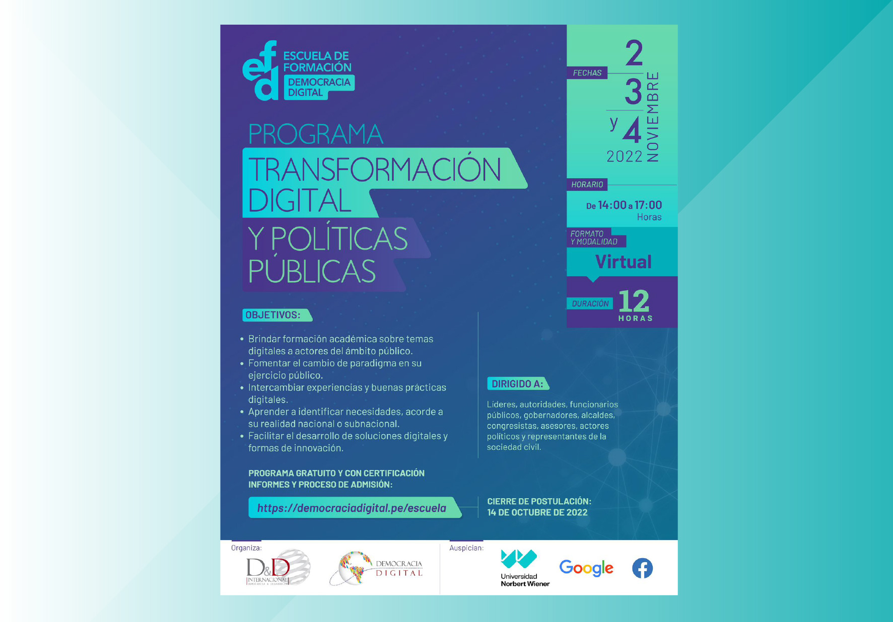 UNIVERSIDAD NORBERT WIENER Y D&D INTERNACIONAL, DEMOCRACIA DIGITAL, LANZAN PROGRAMA GRATUITO EN TRANSFORMACIÓN DIGITAL Y POLÍTICA PÚBLICAS