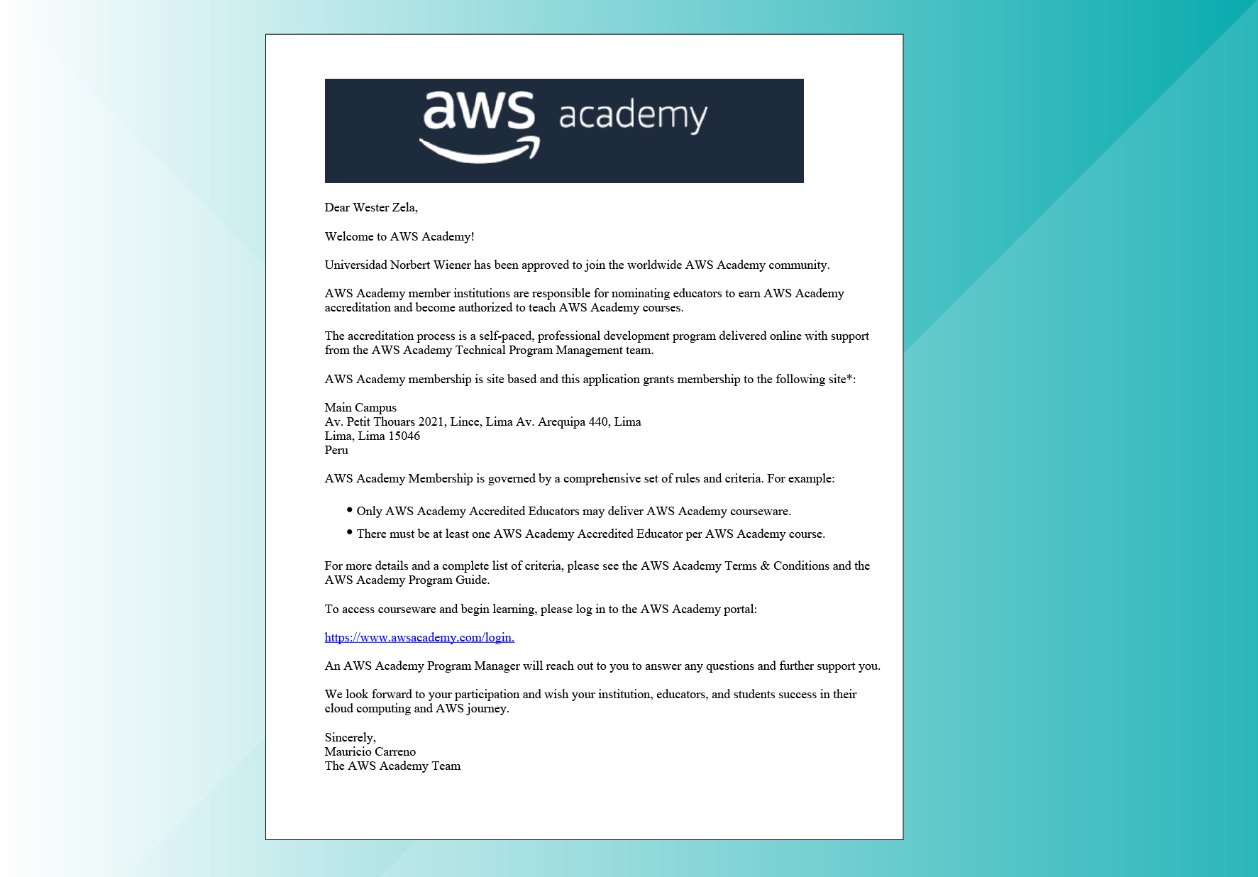 EAP DE INGENIERÍAS DE LA UNIVERSIDAD NORBERT WIENER FUE ADMITIDA EN LA COMUNIDAD MUNDIAL DE AMAZON WEB SERVICES ACADEMY