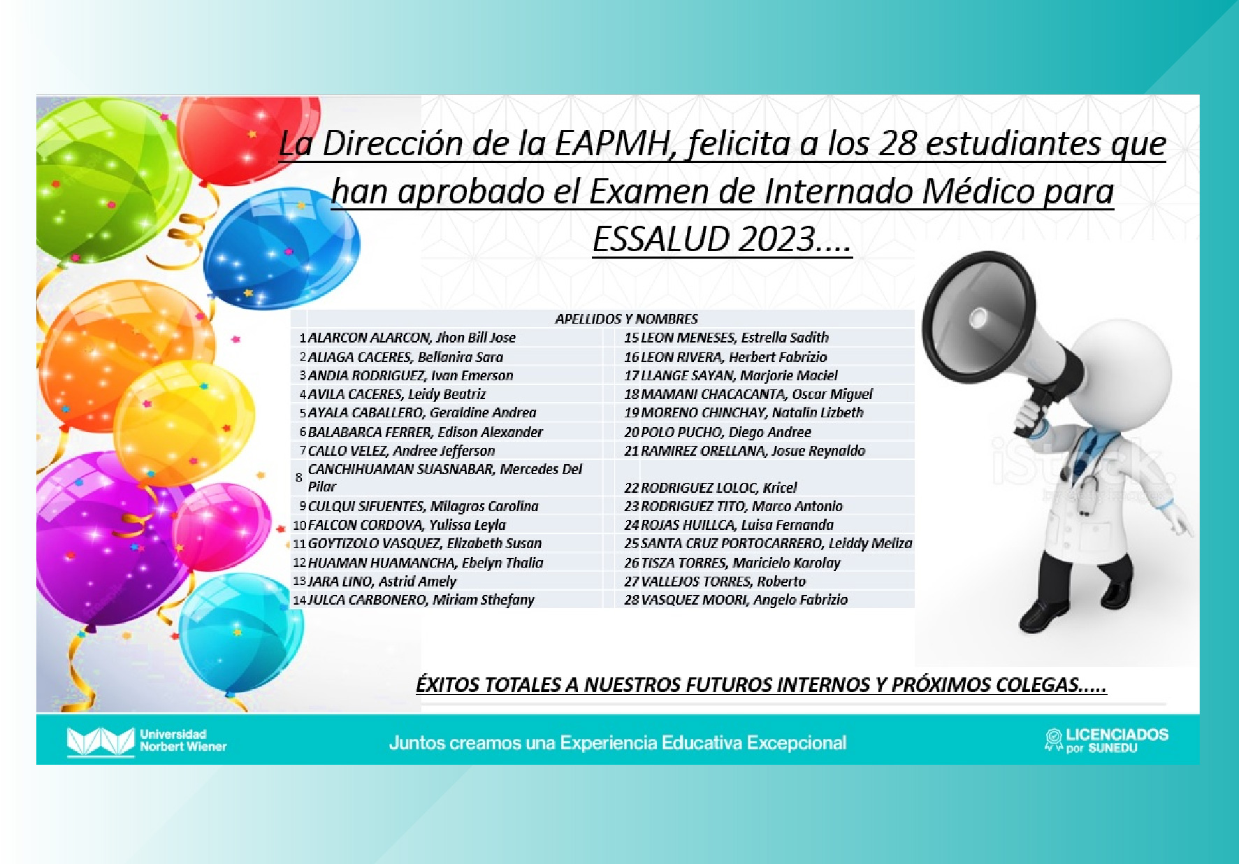 ESTUDIANTES DE LA EAP DE MEDICINA HUMANA OBTUVIERON 28 PLAZAS PARA EL INTERNADO MÉDICO 2023 CONVOCADO POR ESSALUD