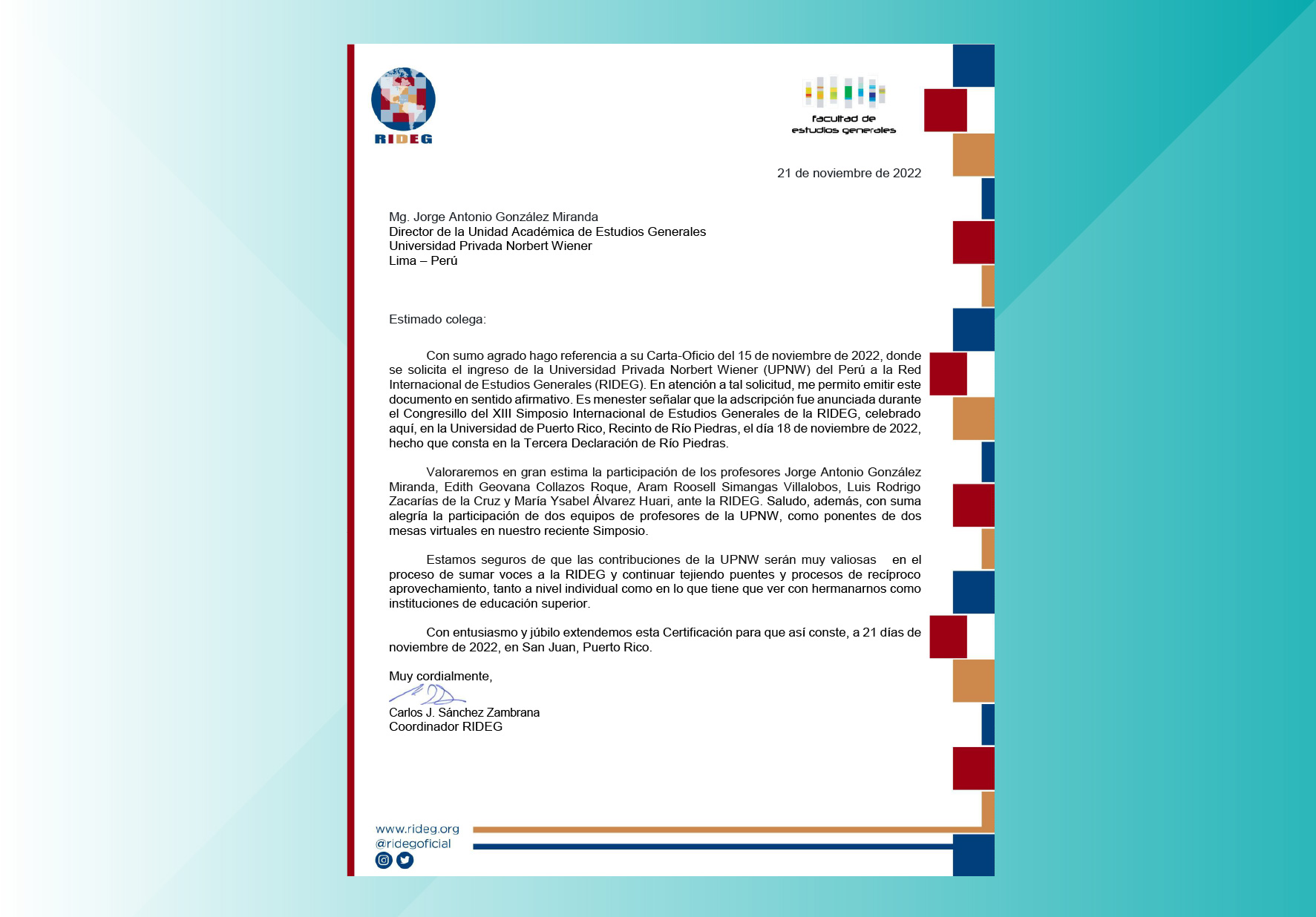 UNIVERSIDAD NORBERT WIENER FORMA PARTE DE LA RED INTERNACIONAL DE ESTUDIOS GENERALES