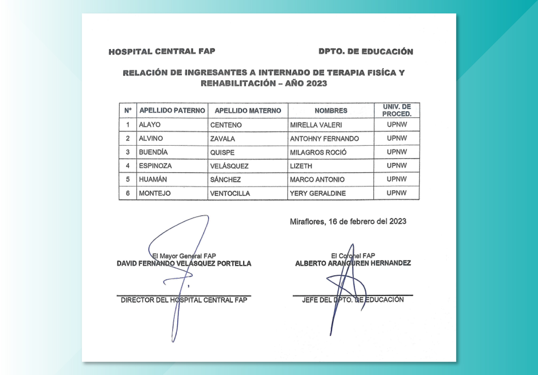 ESTUDIANTES DE LA UNIVERSIDAD NORBERT WIENER INICIARON SU INTERNADO EN EL HOSPITAL CENTRAL DE LA FUERZA AÉREA DEL PERÚ
