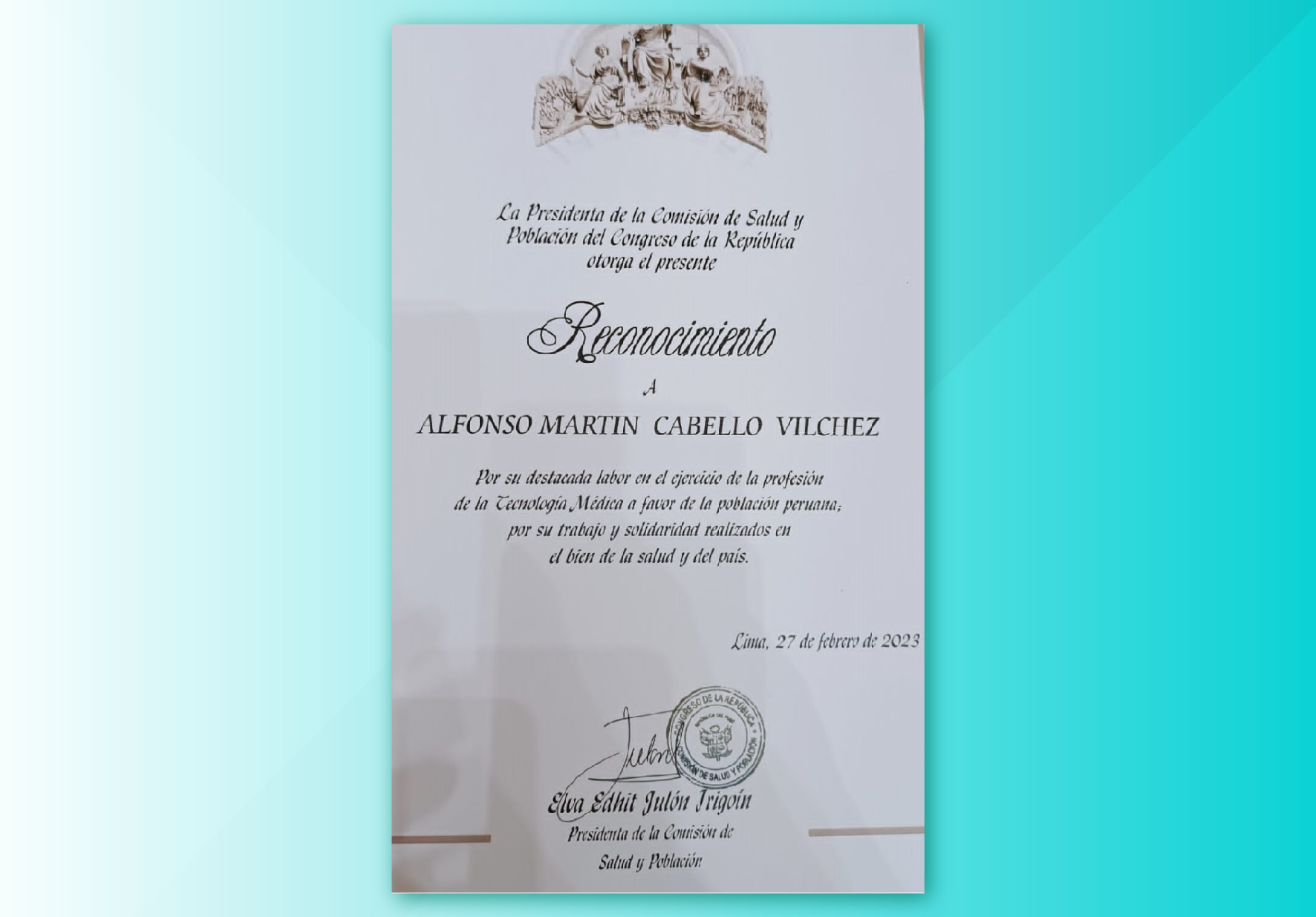 DOCENTE INVESTIGADOR DE LA UNIVERSIDAD NORBERT WIENER RECIBIÓ RECONOCIMIENTO DEL CONGRESO DE LA REPÚBLICA